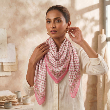 Indian Pink Floral Printed Soft Breathable Cotton Scarf for Women