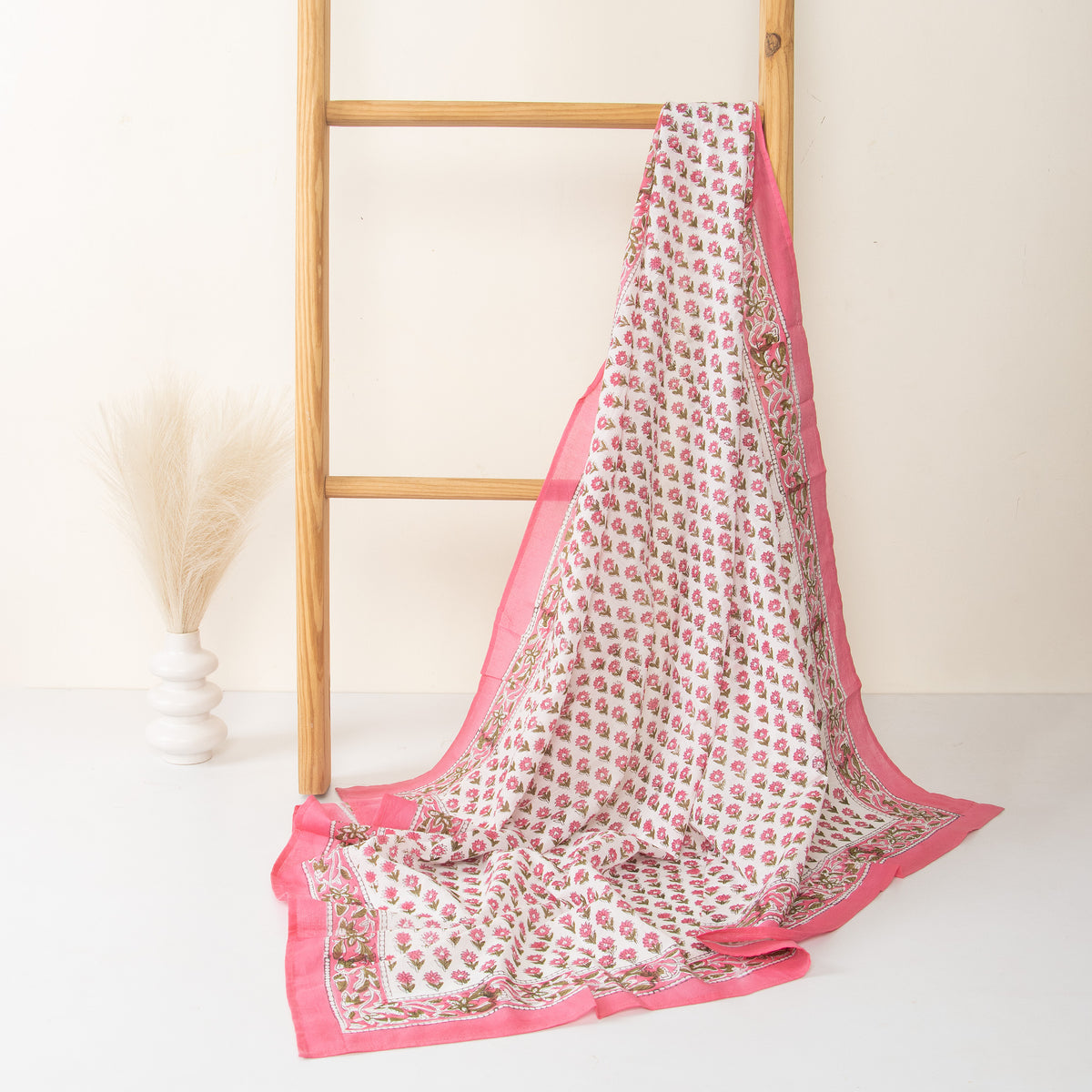 Indian Pink Floral Printed Soft Breathable Cotton Scarf for Women