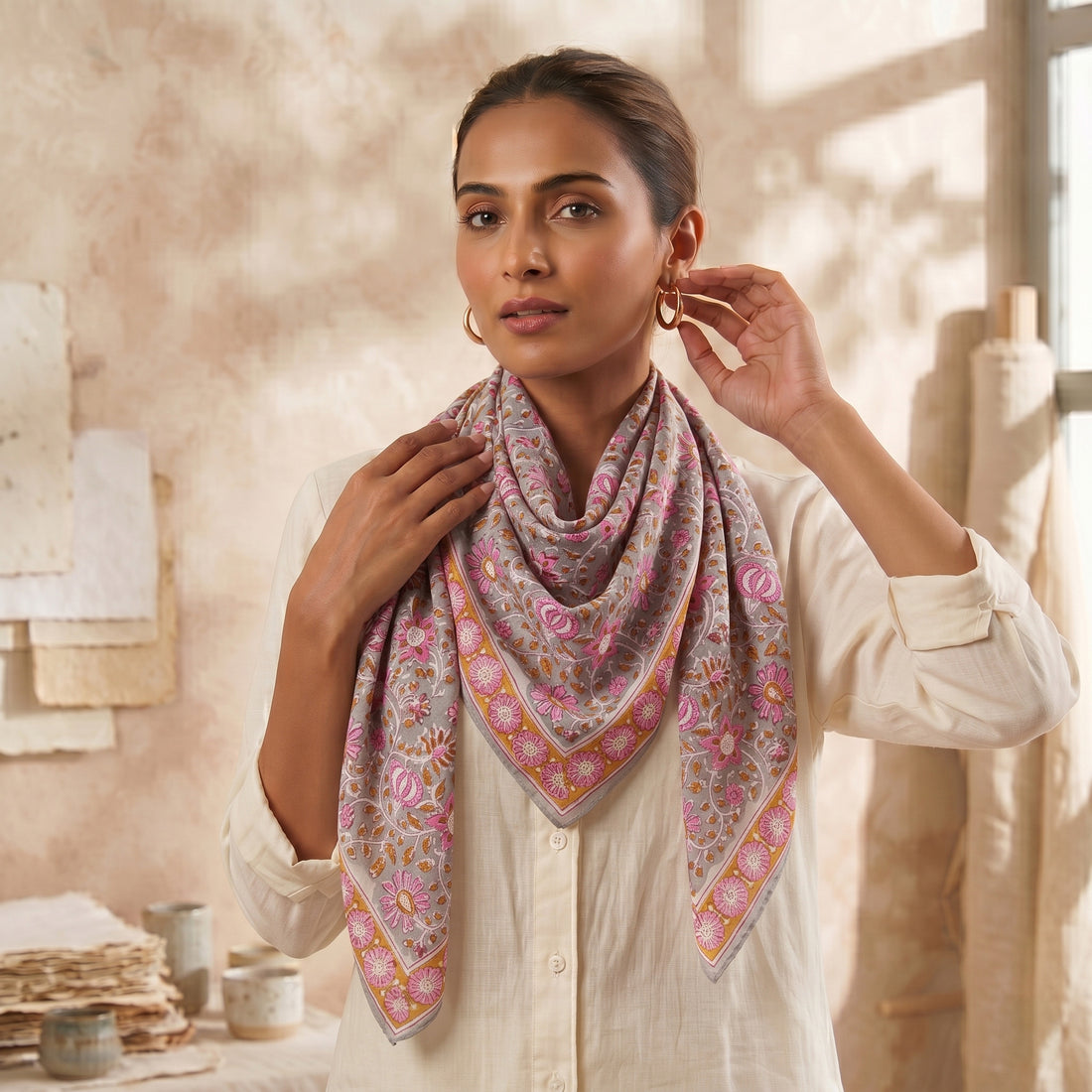 New Hand Block Floral Printed Cotton Neck Scarf