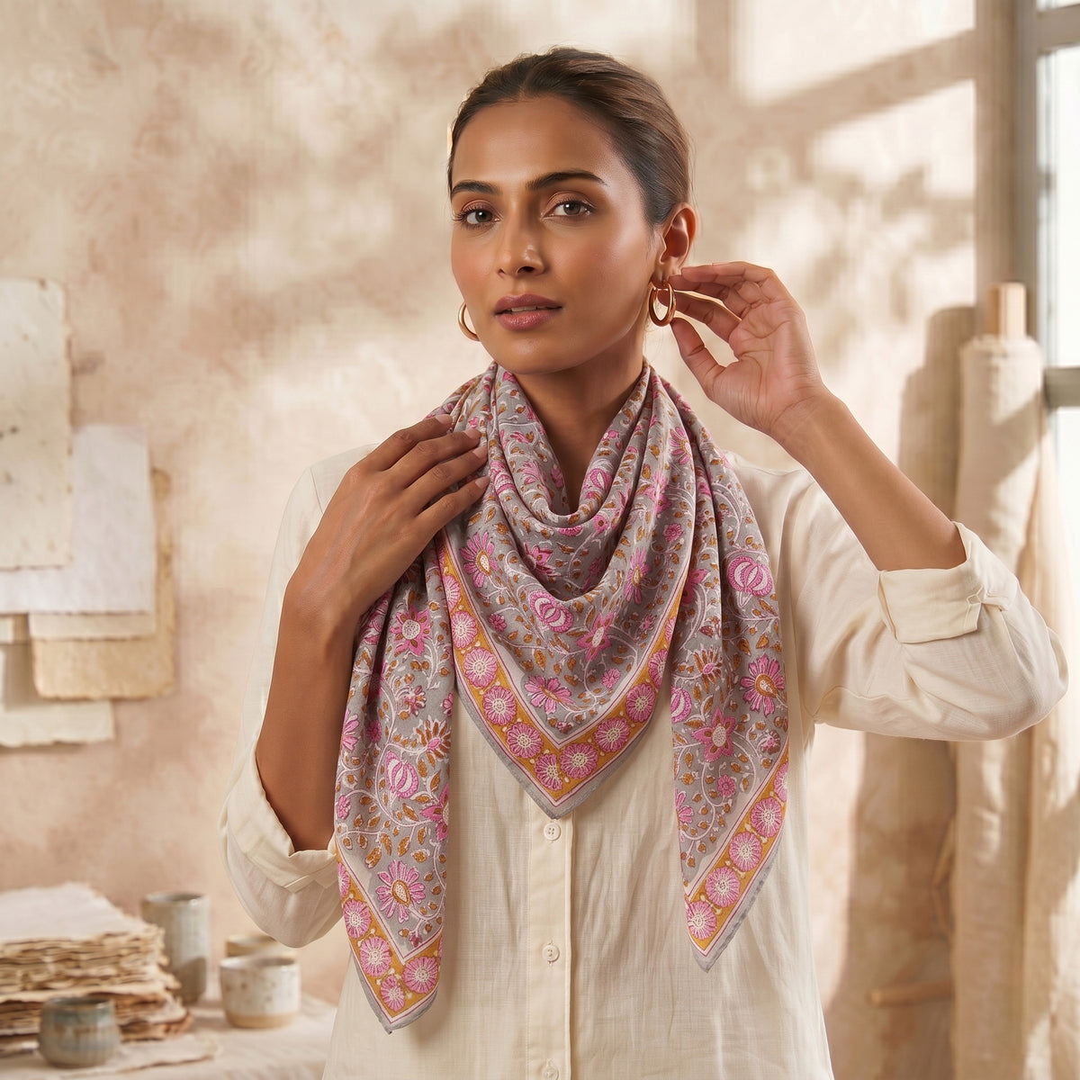 New Hand Block Floral Printed Cotton Neck Scarf