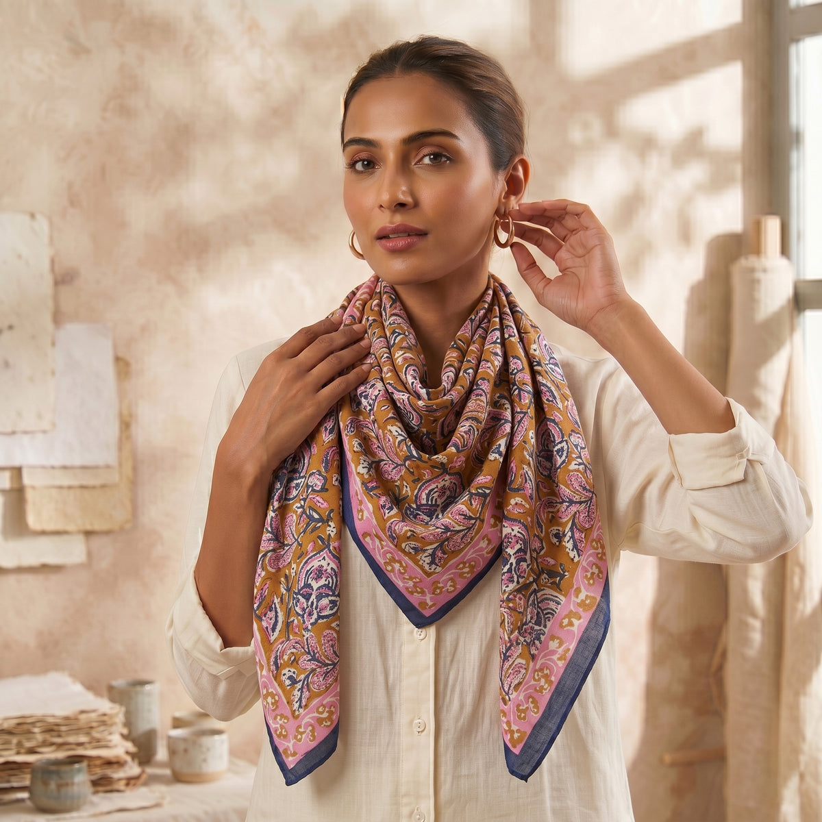 Multicolor Paisley Floral Printed Cotton Scarf for Women