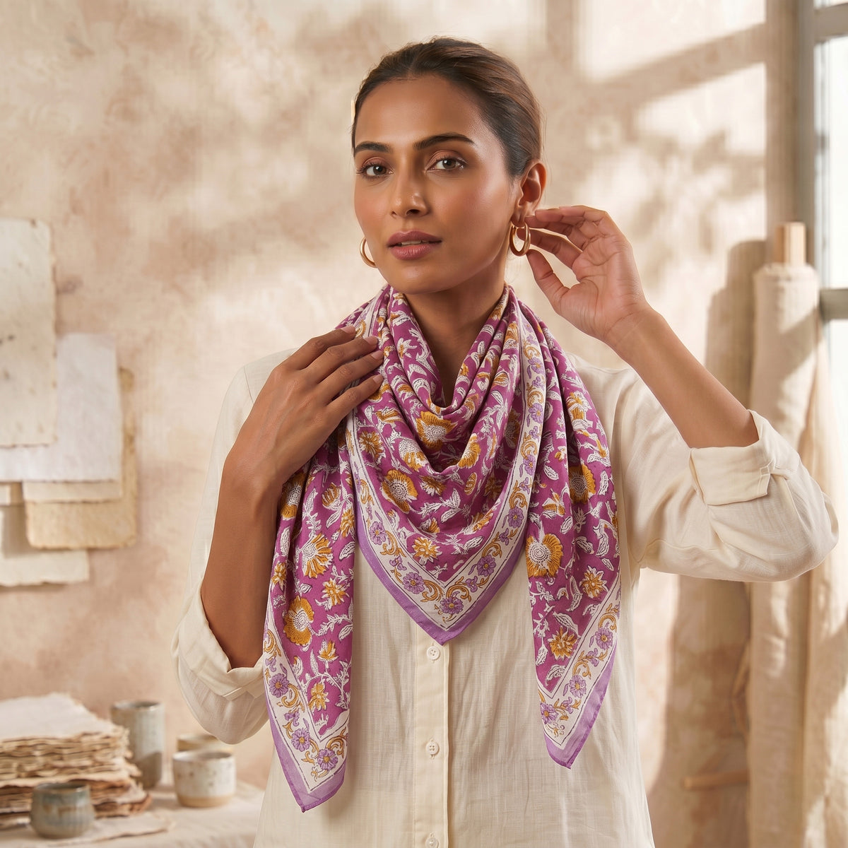 Purple Elegant Lightweight Traditional Floral Printed Cotton Scarf