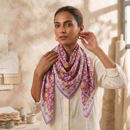Purple Elegant Lightweight Traditional Floral Printed Cotton Scarf