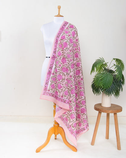 Pink Floral Hand Block Printed Cotton Sarong For Women