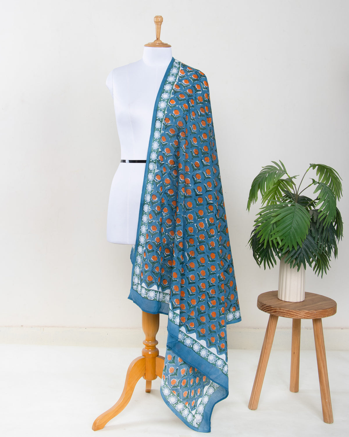 Blue Hand Block Floral Printed Cotton Sarong For Beach