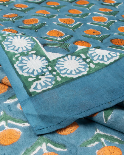 Blue Hand Block Floral Printed Cotton Sarong For Beach
