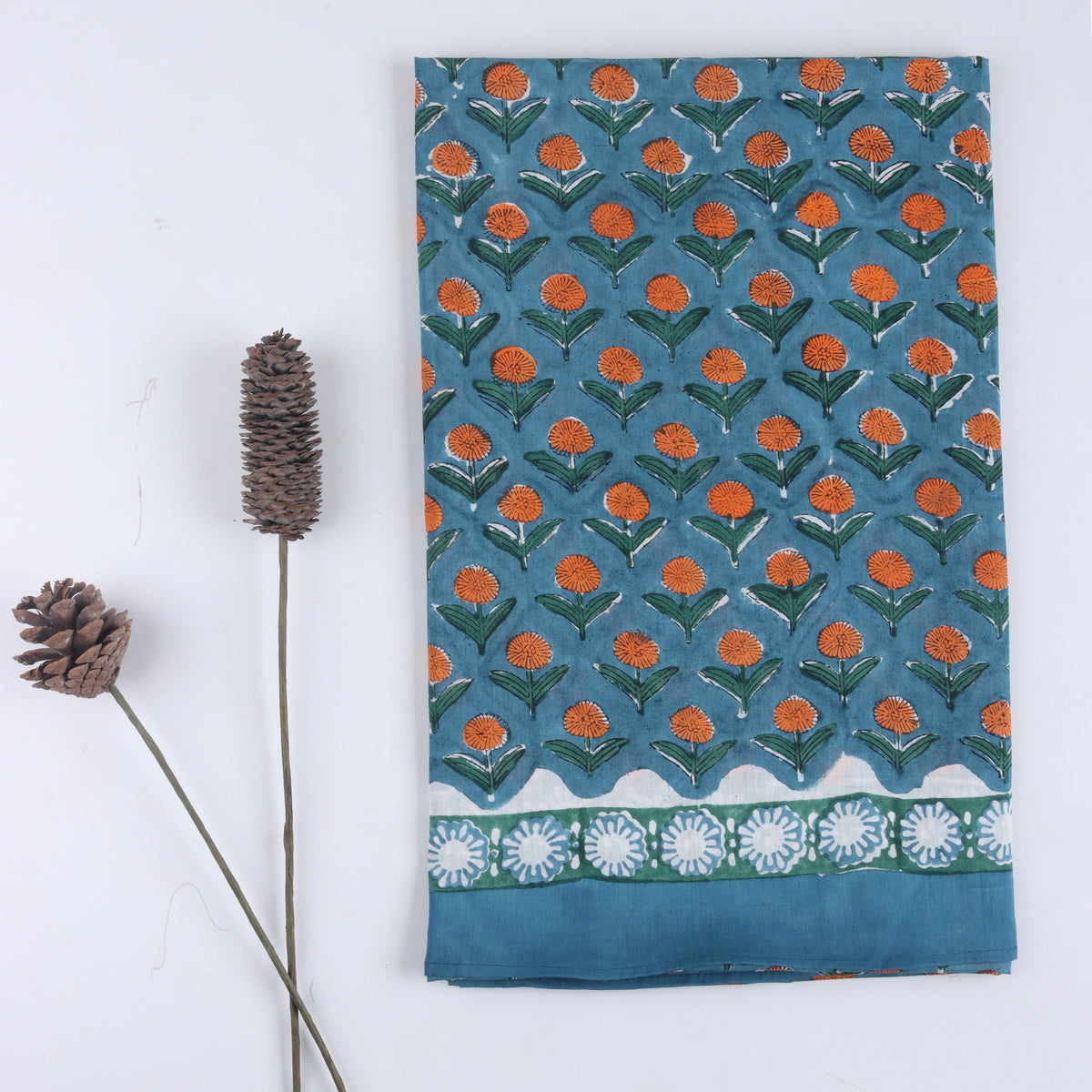 Blue Hand Block Floral Printed Cotton Sarong For Beach