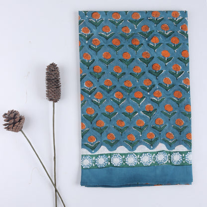 Blue Hand Block Floral Printed Cotton Sarong For Beach