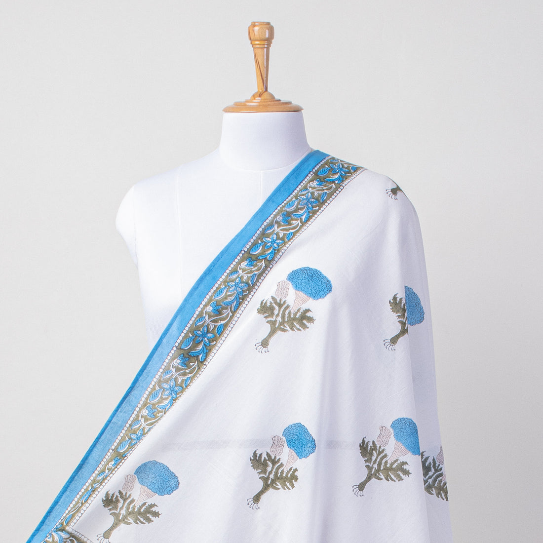 Blue Floral Hand Block Printed Cotton Sarong For Women