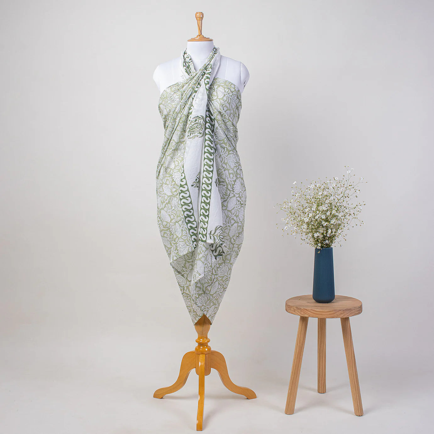 Gray Booti Cotton Hand Block Print Beach Sarong Wrap For Women