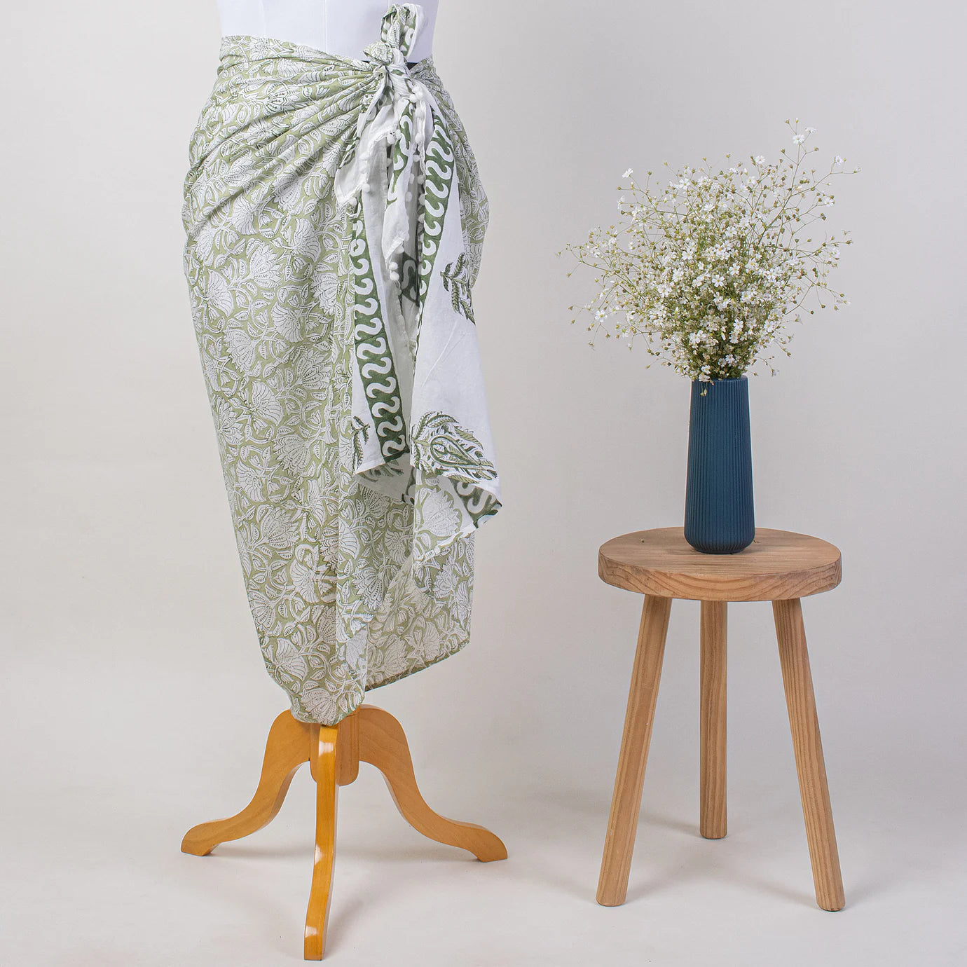 Gray Booti Cotton Hand Block Print Beach Sarong Wrap For Women