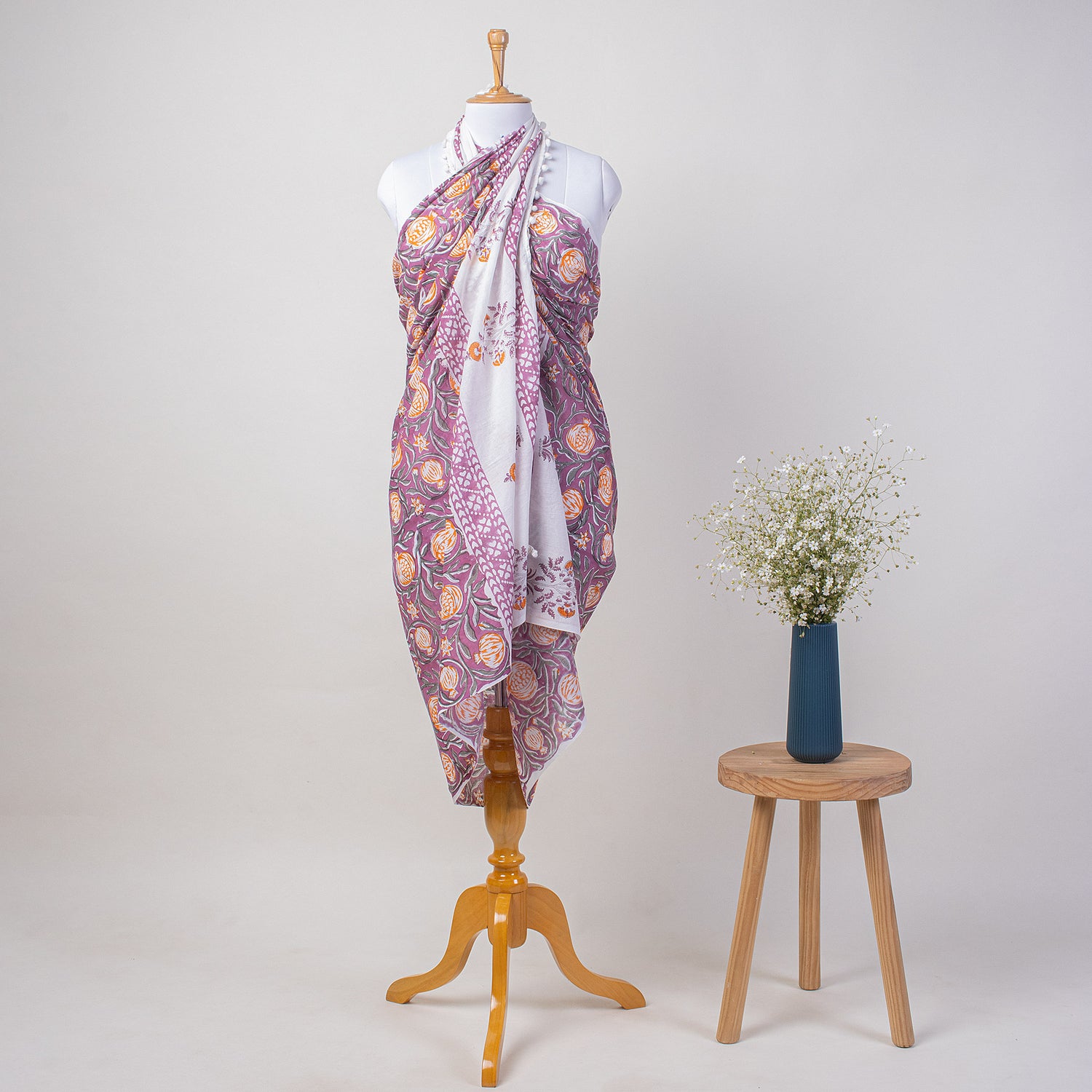Purple Fruit Hand Block Print Cotton Beach Sarong Wrap for Women
