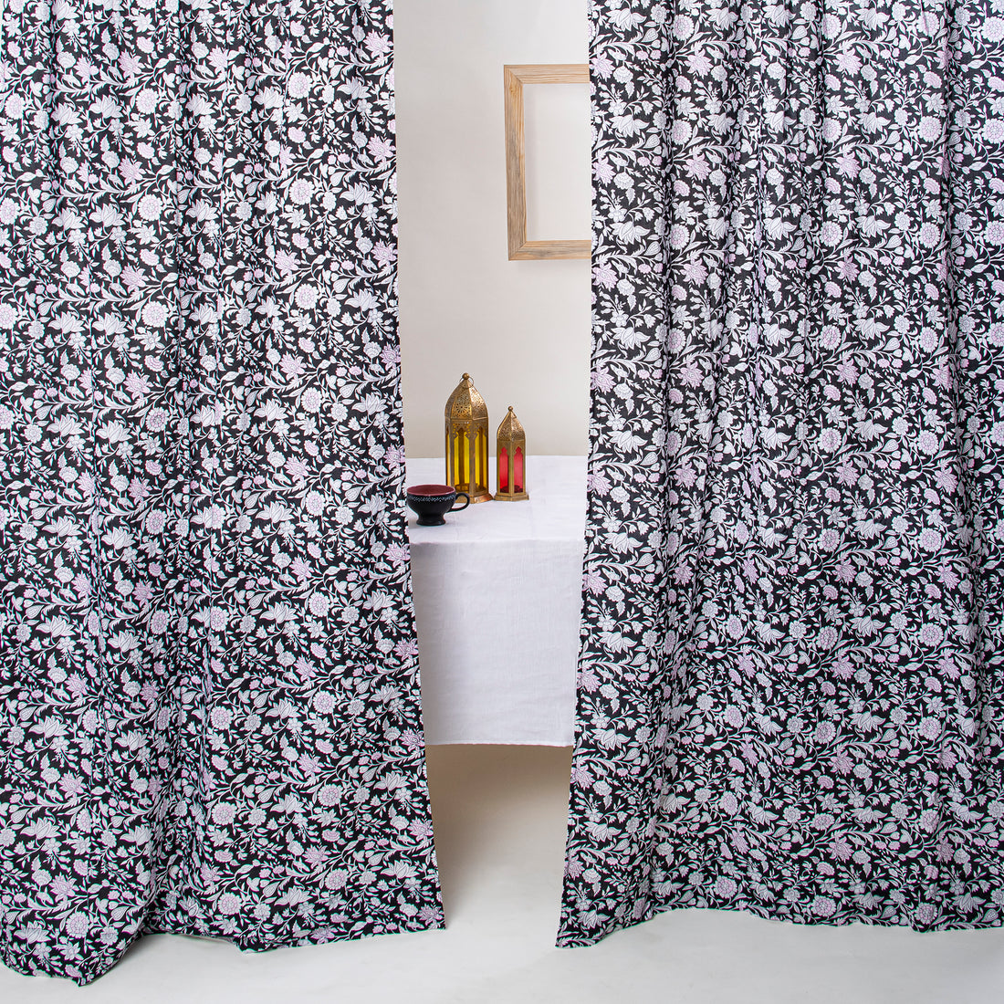 Set of 2 Indian Hand Block Print Floral Curtains
