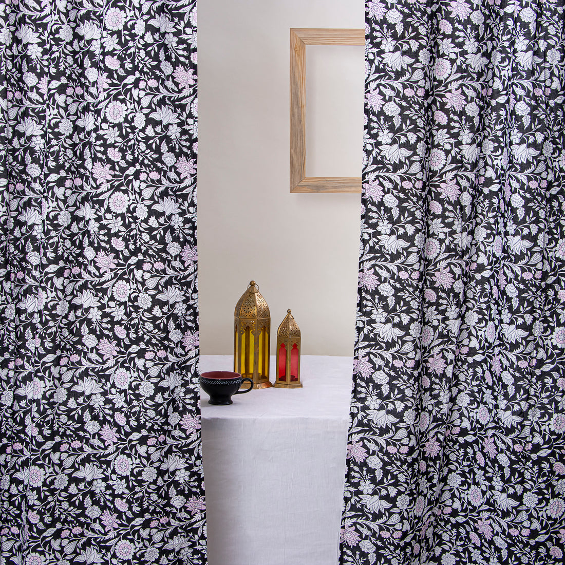 Set of 2 Indian Hand Block Print Floral Curtains