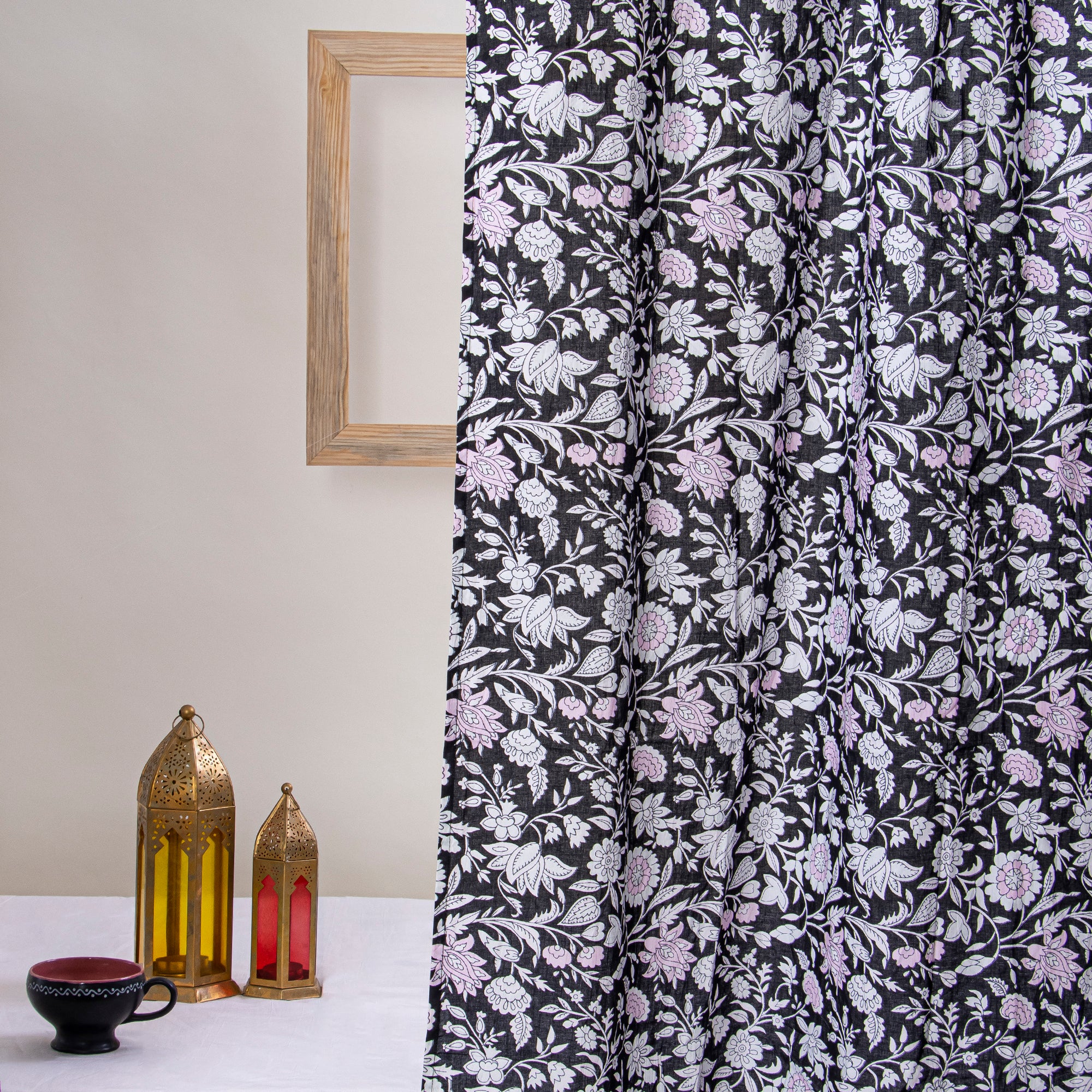 Set of 2 Indian Hand Block Print Floral Curtains