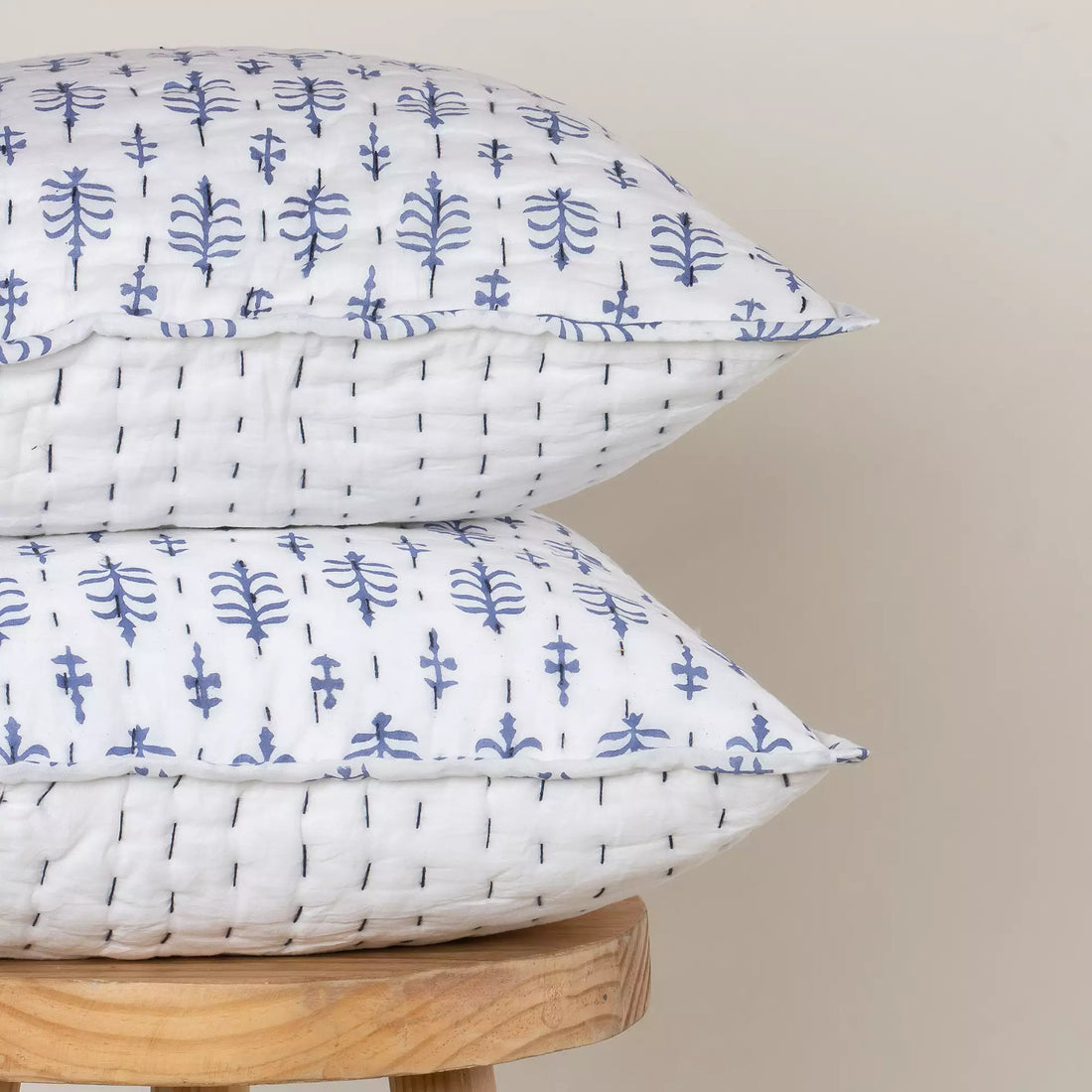 Shop Blue Pure Cotton Kantha Quilted Cushion Cover