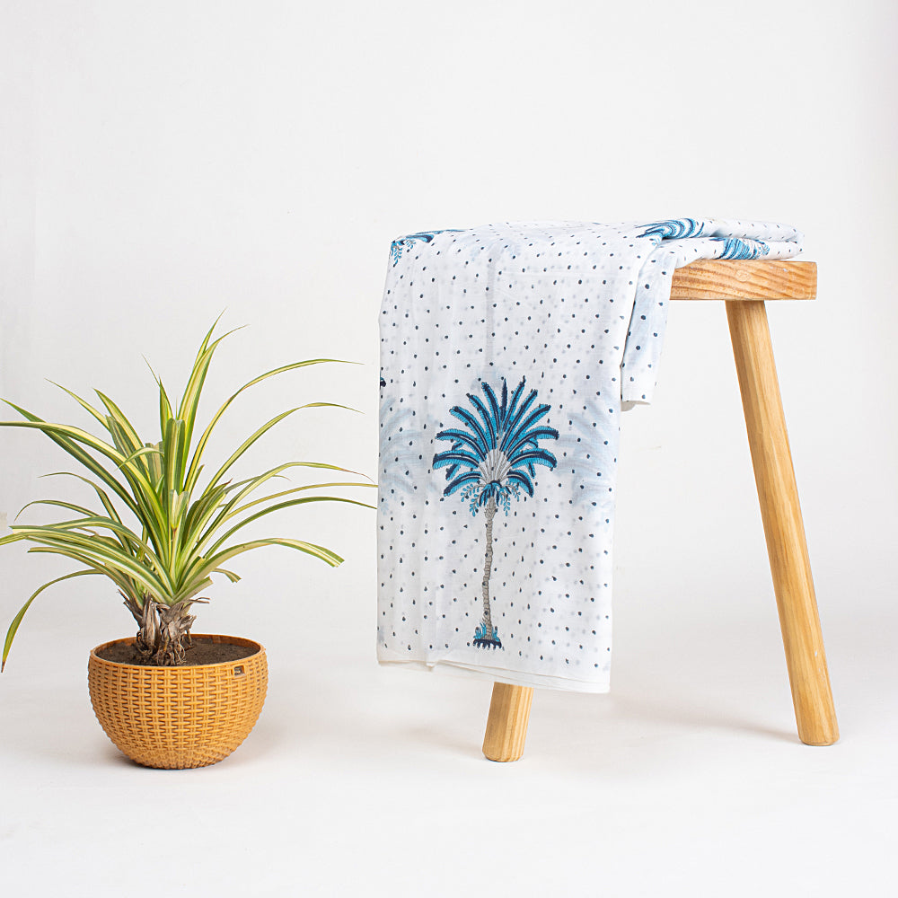Sky Blue Palm Tree Hand Block Printed Cotton Fabric