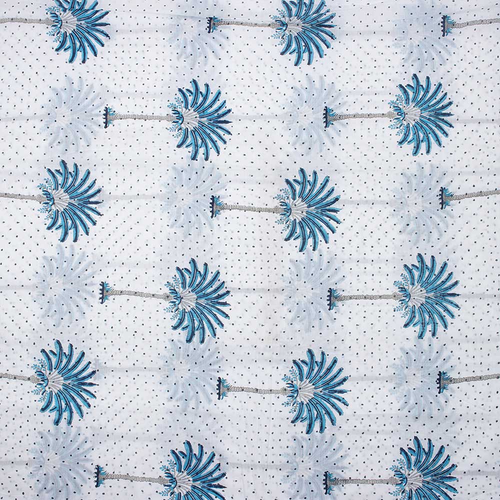 Sky Blue Palm Tree Hand Block Printed Cotton Fabric