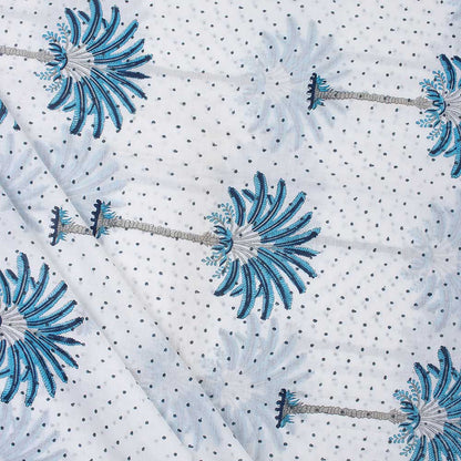 Sky Blue Palm Tree Hand Block Printed Cotton Fabric