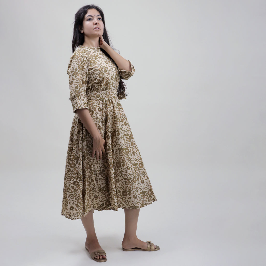 Soft Brown Floral Cotton Midi Dress Including Belt