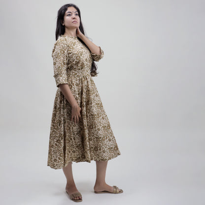 Soft Brown Floral Cotton Midi Dress Including Belt