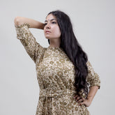 Soft Brown Floral Cotton Midi Dress Including Belt