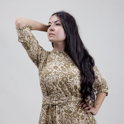 Soft Brown Floral Cotton Midi Dress Including Belt