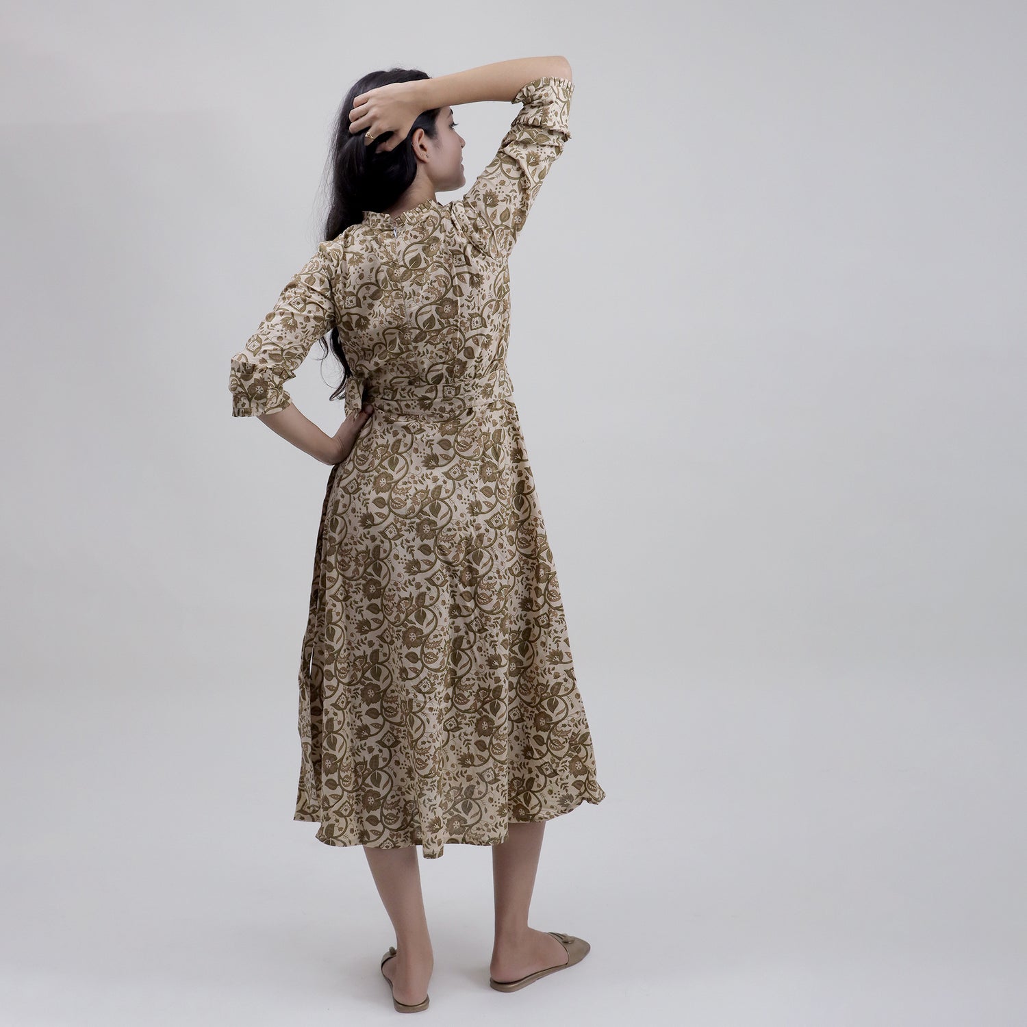 Soft Brown Floral Cotton Midi Dress Including Belt