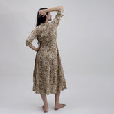 Soft Brown Floral Cotton Midi Dress Including Belt