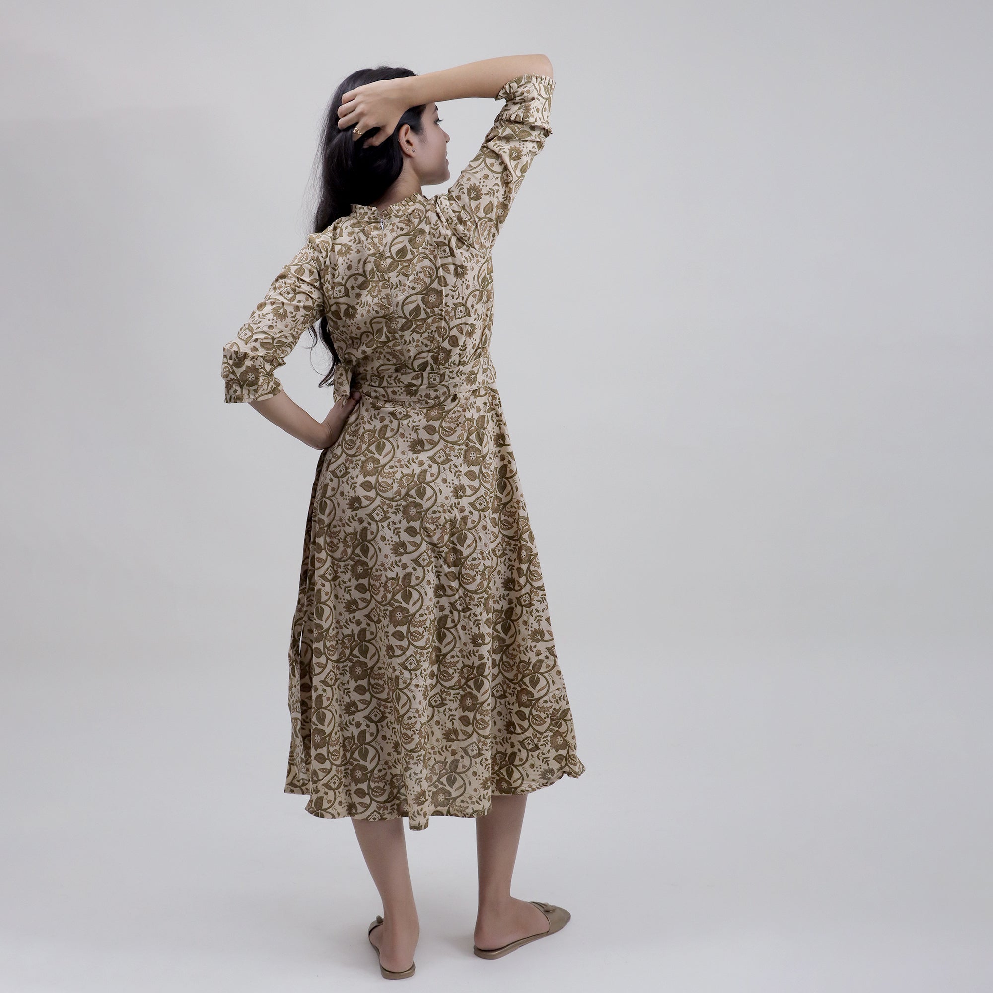 Soft Brown Floral Cotton Midi Dress Including Belt