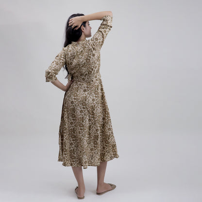 Soft Brown Floral Cotton Midi Dress Including Belt