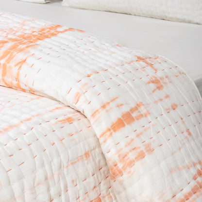 Soft Orange Tie Dye Kantha Cotton Quilt Blanket