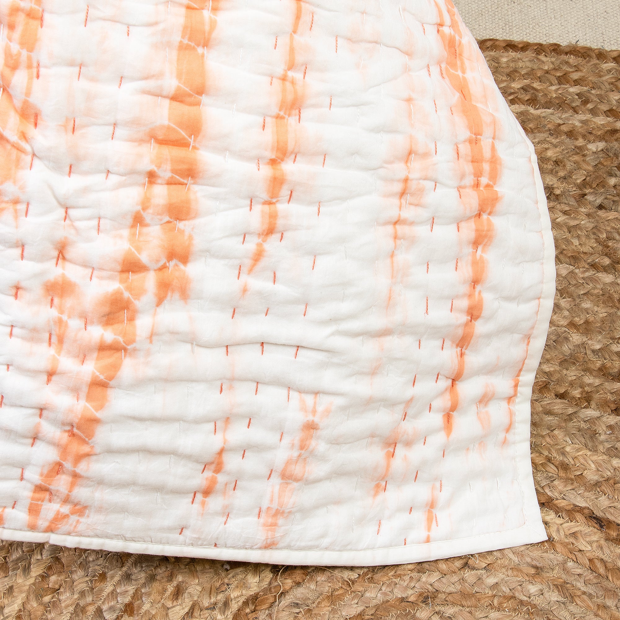 Soft Orange Tie Dye Kantha Cotton Quilt Blanket