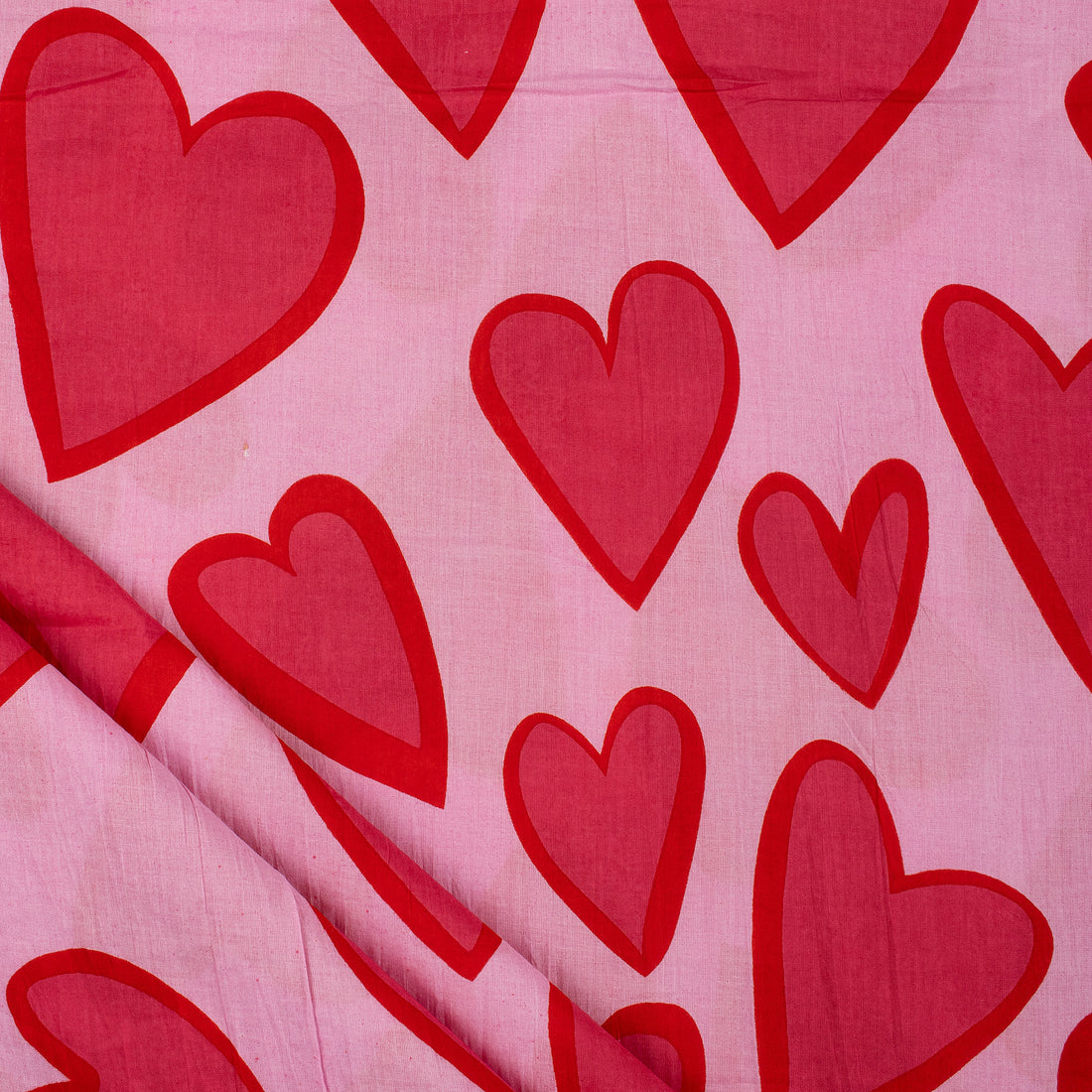 Soft Red Heart Printed Hand Block Printed Cotton Fabric by Yard