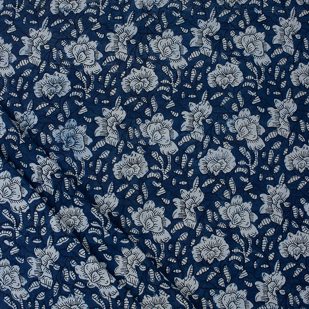 Softest Indigo Floral Print Organic Natural Cotton Fabric