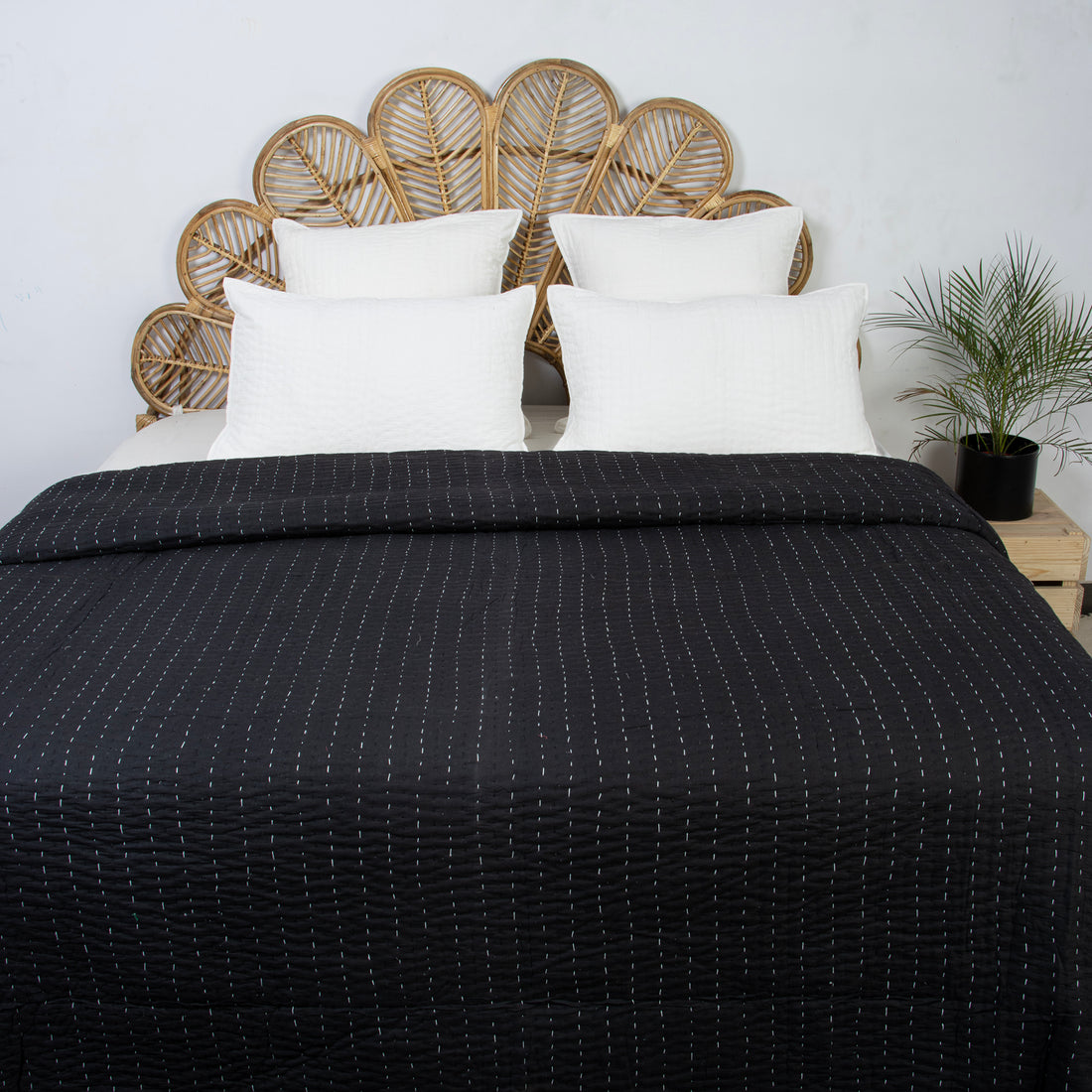 Solid Black Hand Stitched Cotton Kantha Quilt Blanket