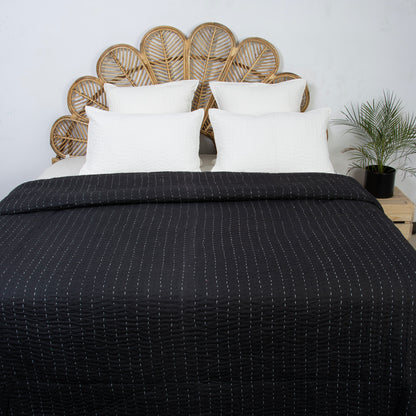 Solid Black Hand Stitched Cotton Kantha Quilt Blanket