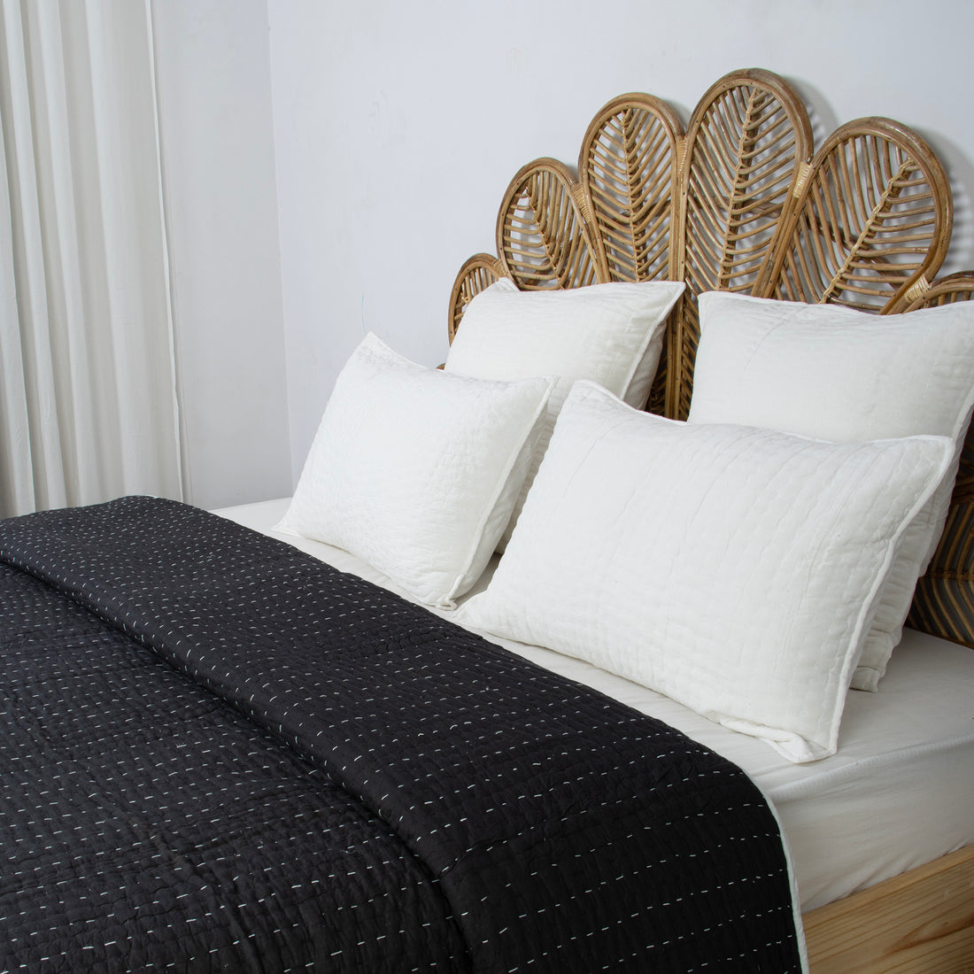 Solid Black Hand Stitched Cotton Kantha Quilt Blanket