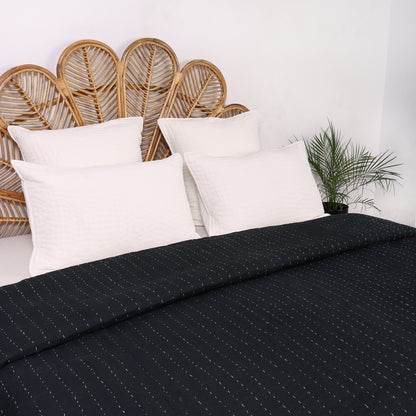 Solid Black Hand Stitched Cotton Kantha Quilt Blanket