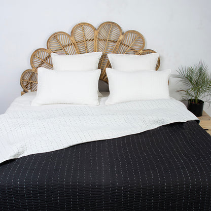 Solid Black Hand Stitched Cotton Kantha Quilt Blanket