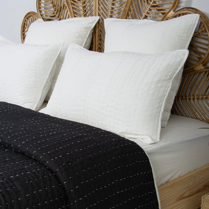 Solid Black Hand Stitched Cotton Kantha Quilt Blanket