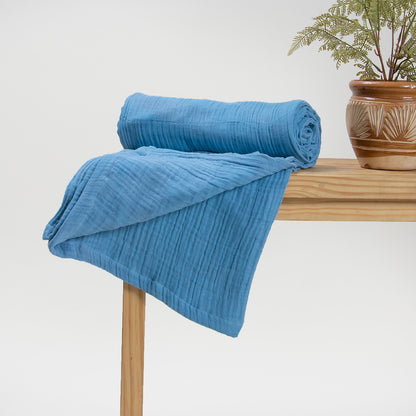 Solid Blue Cotton Gauze Blanket Throw