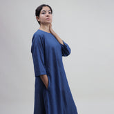 Solid Blue Hand Dyed Cotton Indian Kaftan Dress For Women