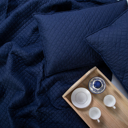 Solid Blue Hand Dyed Cotton Machine Quilt with Pillow Covers