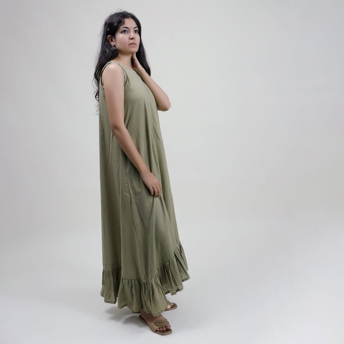 Solid Brown Natural Dyed Cotton Midi Summer Dress