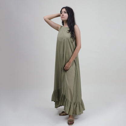 Solid Brown Natural Dyed Cotton Midi Summer Dress