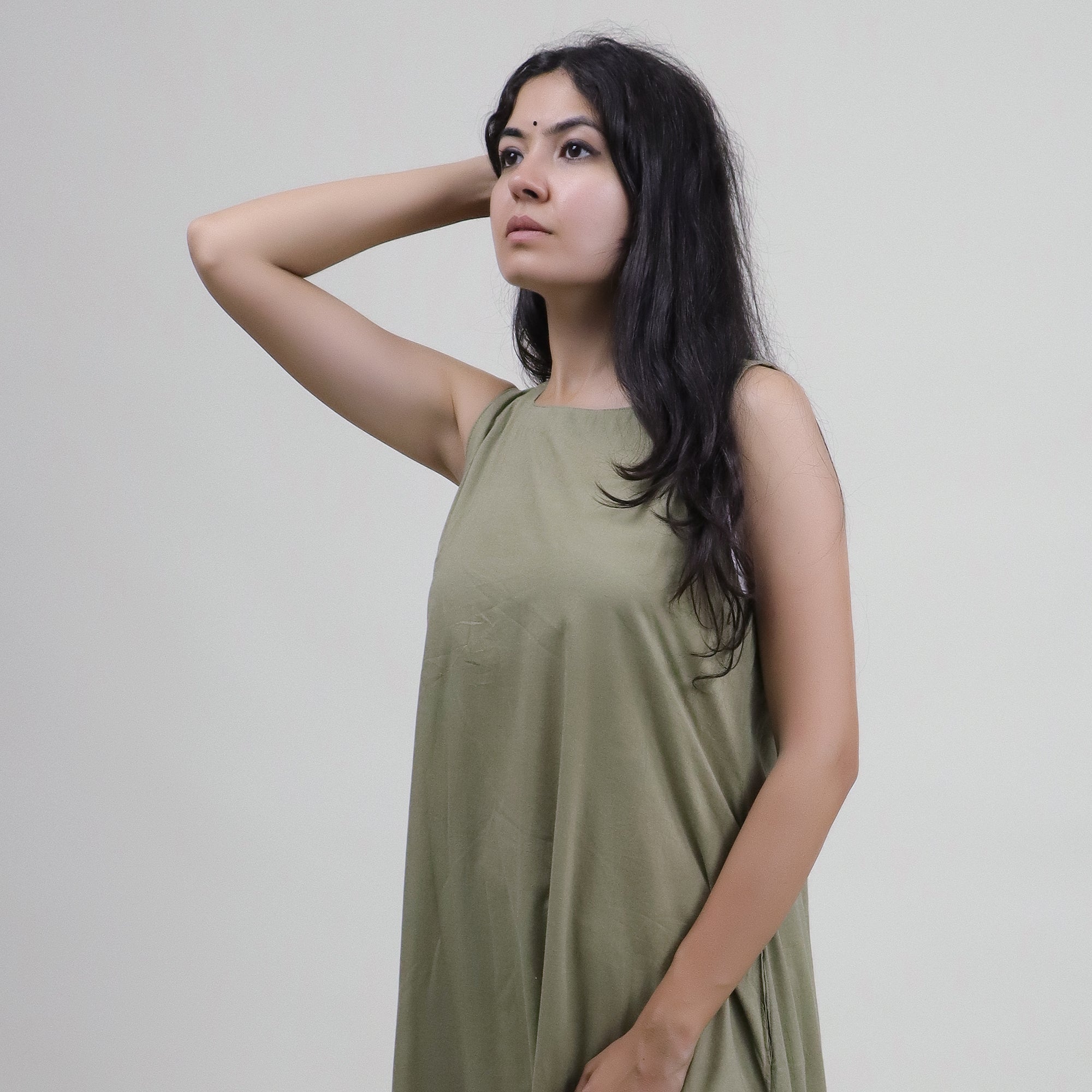 Solid Brown Natural Dyed Cotton Midi Summer Dress