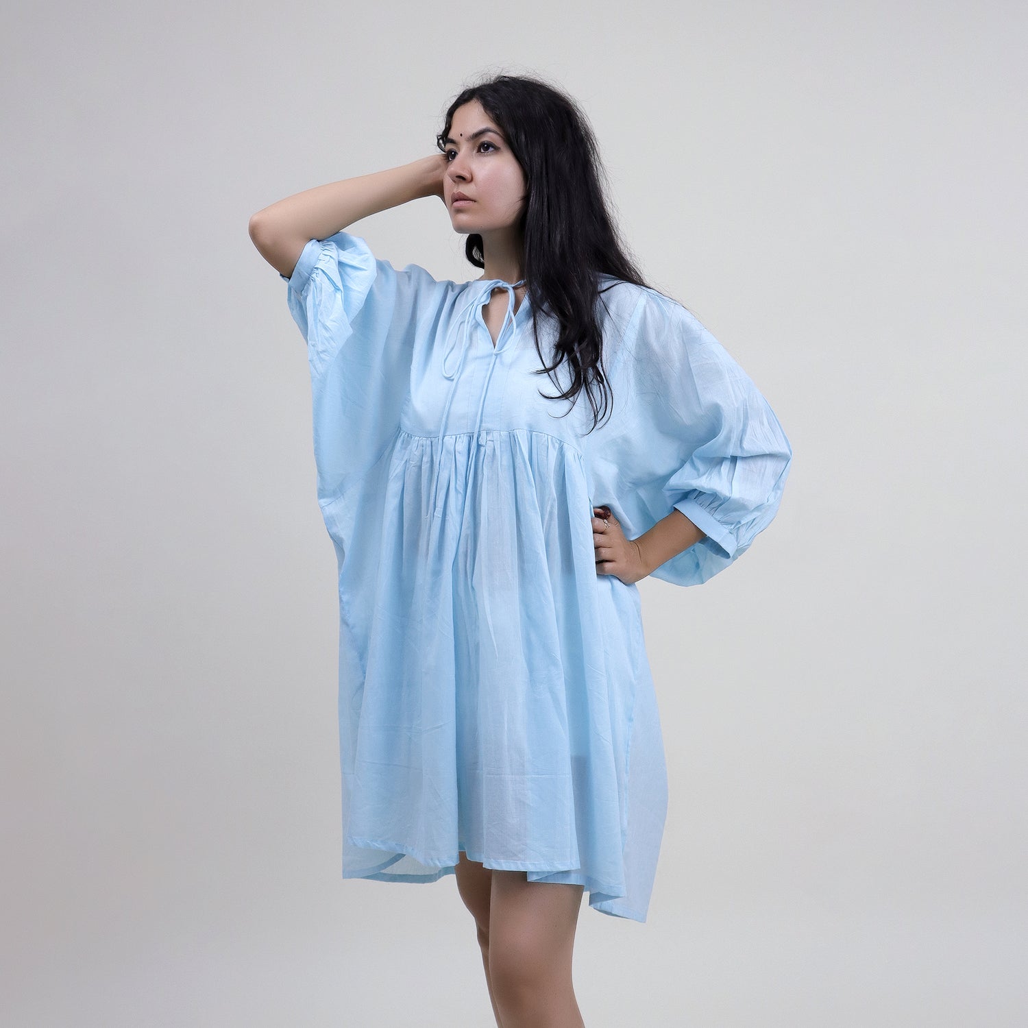 Solid Sky Blue Hand Dyed Cotton Summer Midi Dress