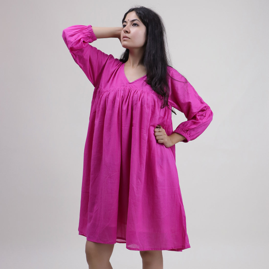 Solid V Neck Hand Dyed Cotton Midi Dress For Women&