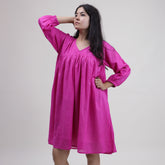 Solid V Neck Hand Dyed Cotton Midi Dress For Women&